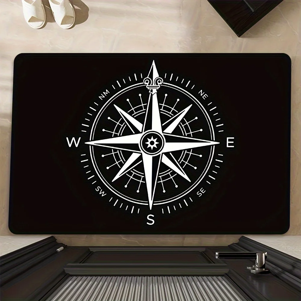 Nautical Compass Black Background Flannel Door Mat, Classic Navigation Design Anti-Slip Absorbent Rug for Entryway & Bathroom,