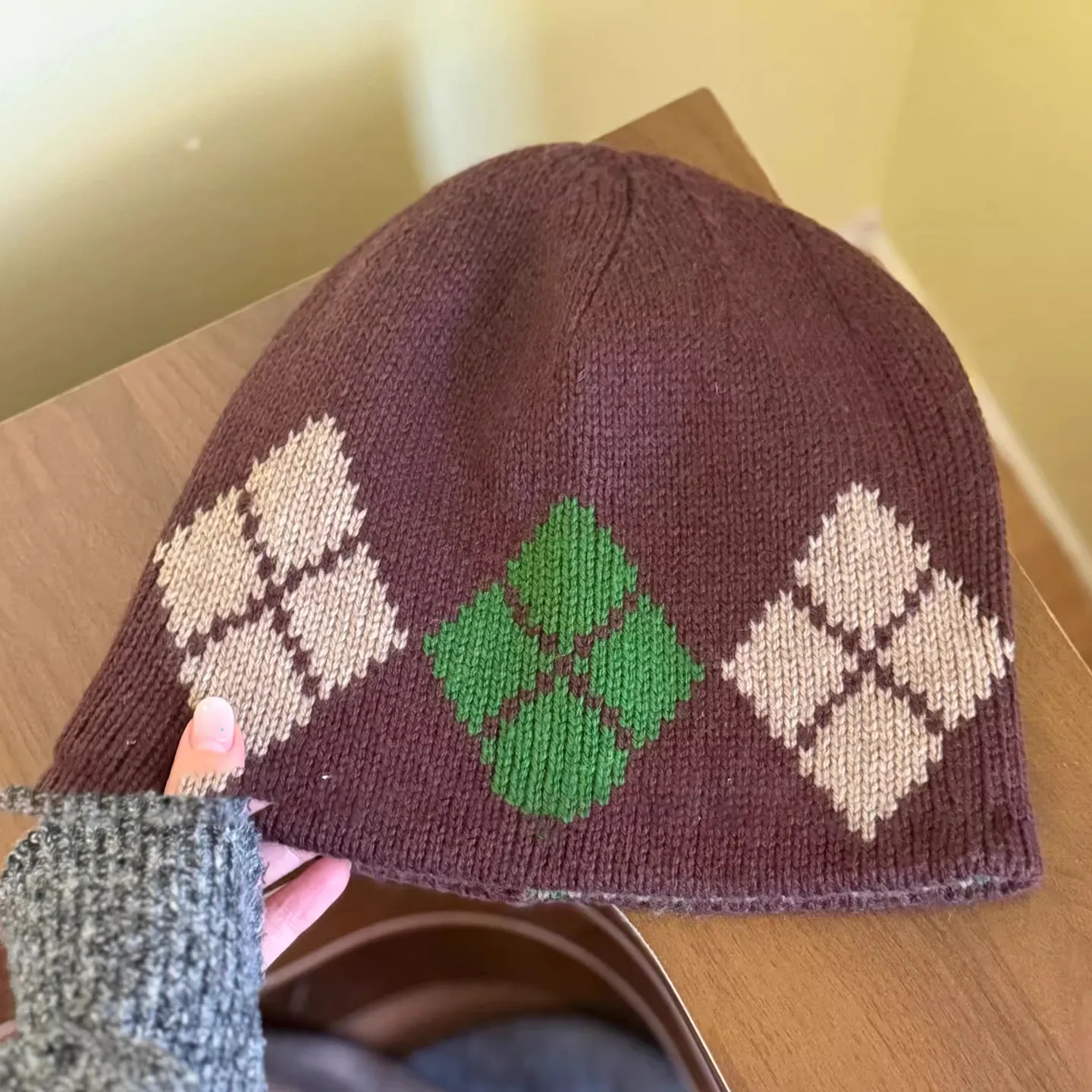 Korean Rhombus Grid Color Matching Knitted Slouch Beanie Women's Autumn and Winter Versatile Retro Cold Hat Pullover Bonnets