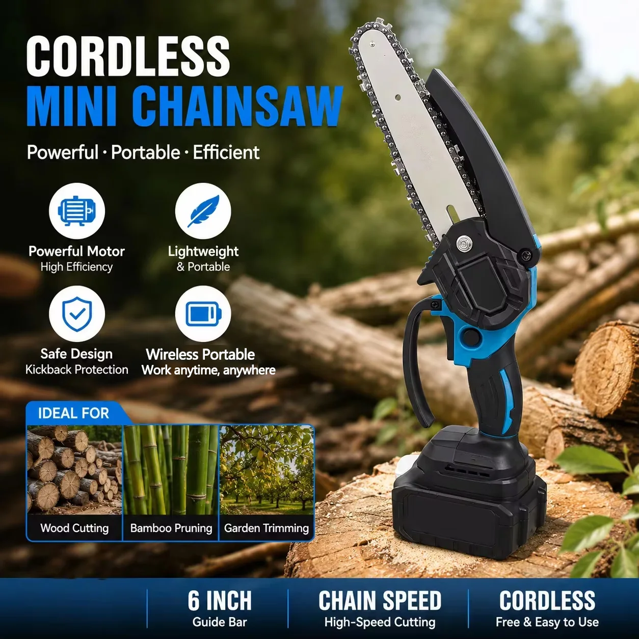 6-Inch Cordless Mini Chainsaw Handheld Electric Tree Pruner Pruning Saw Battery Powered Gardening Tool for Wood Cutting Yardwork
