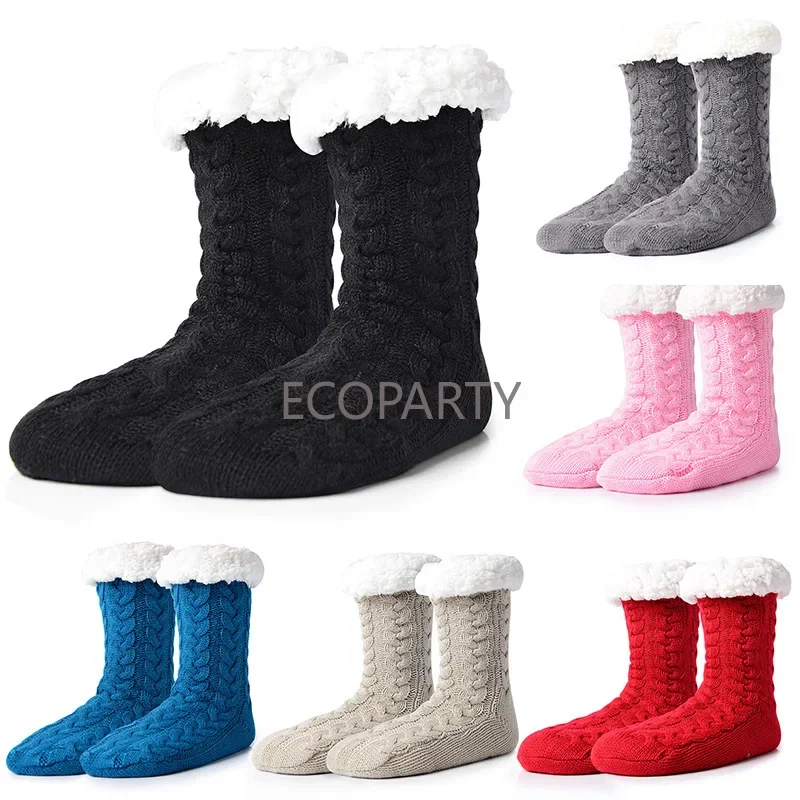 Women's Ultra-Plush Winter Warm Thick Fluffy Socks Slipper Crew Length Acrylic Knitted Anti-Slip Grips Fleece Lined Indoor Use