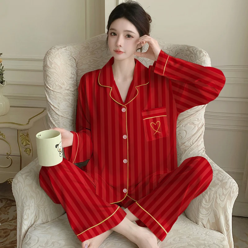 2-piece Women's Sleepwear Set Long Sleeved Pants Letter Embroidered Cardigan Home Clothes Spring Summer Women Striped Piamas Set