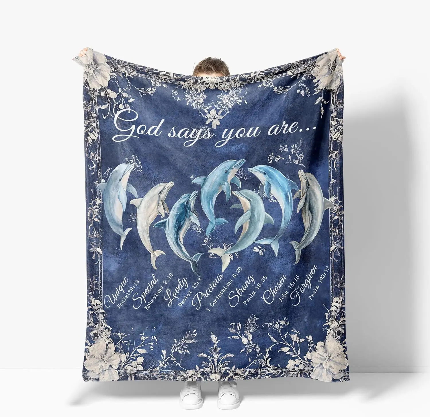 Christian Bible Quotes Heart Shaped Dolphin Vintage Flower Flannel Blanket Soft Warm Throw Couch Travel Faith Ocean Home Decor