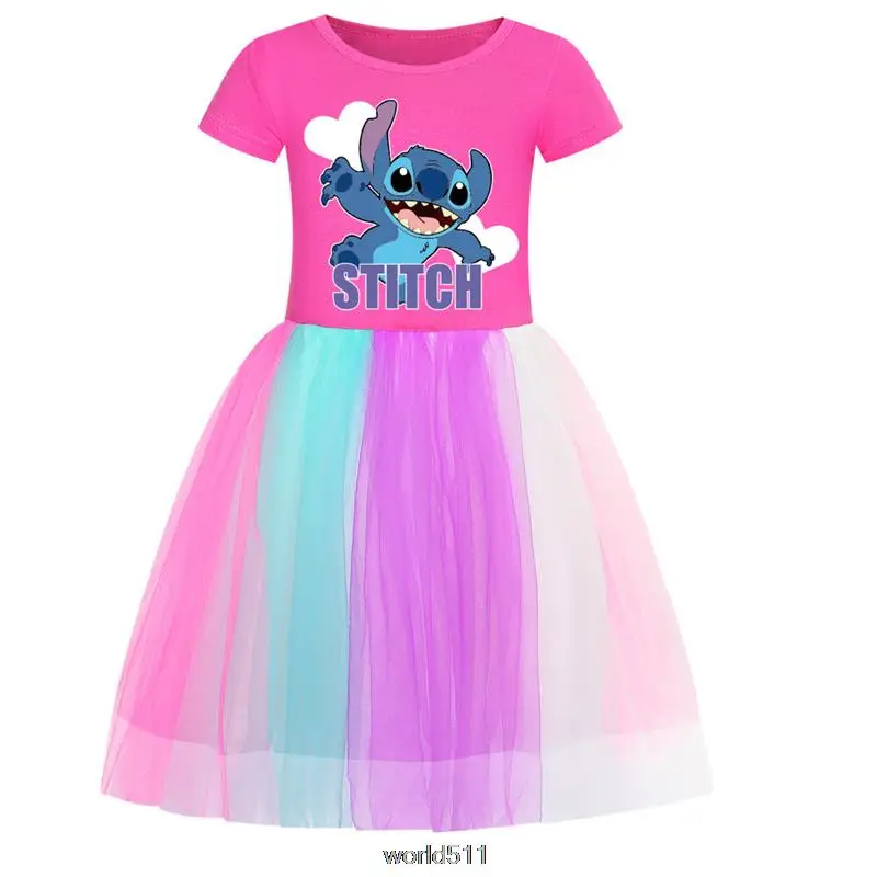 Hot Disney Stitch Girl Dress Kids Princess Vestido Girls Birthday Party Dress Children Summer Kids Clothes Birthday Gift Pink