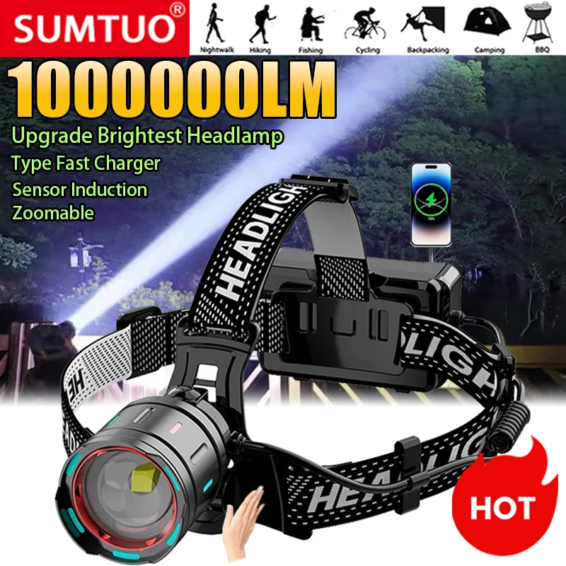 Upgrade 1000000LM Powerful 800W LED Headlamp Rechargeable Head Flashlight Digitals Display Headlamp Fishing Camping Head Lantern