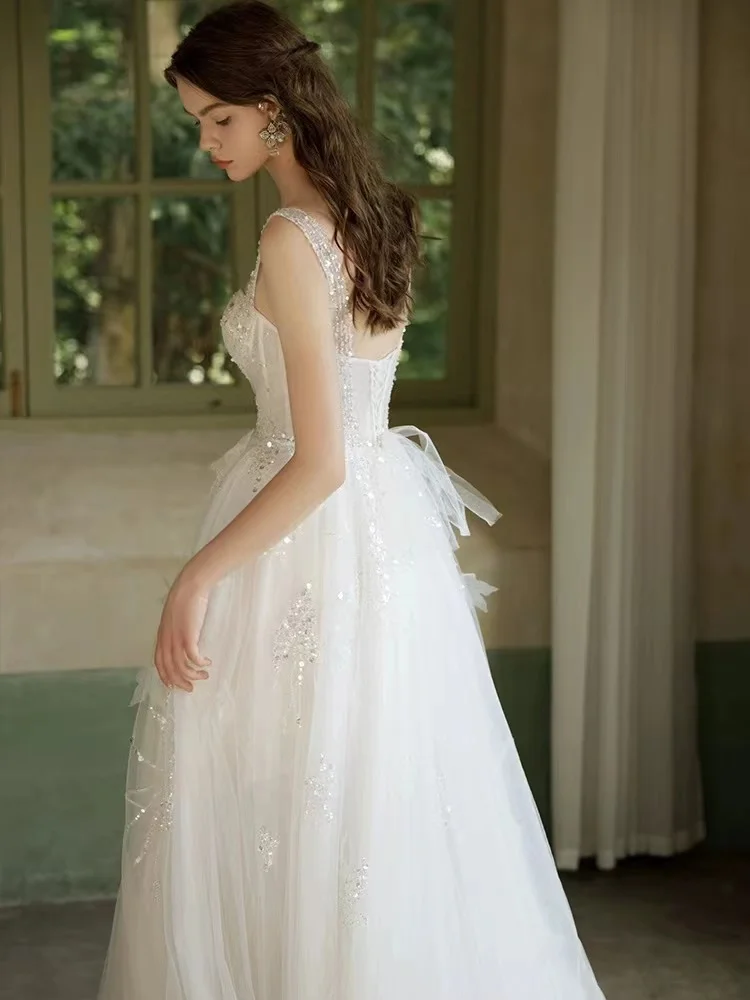 Robe de mariée en tulle ligne A à paillettes vintage, robe de mariée longue, bretelles scintillantes, robe de mariée Boho, quoi que ce soit, robe de plage élégante, nouveau, 2024