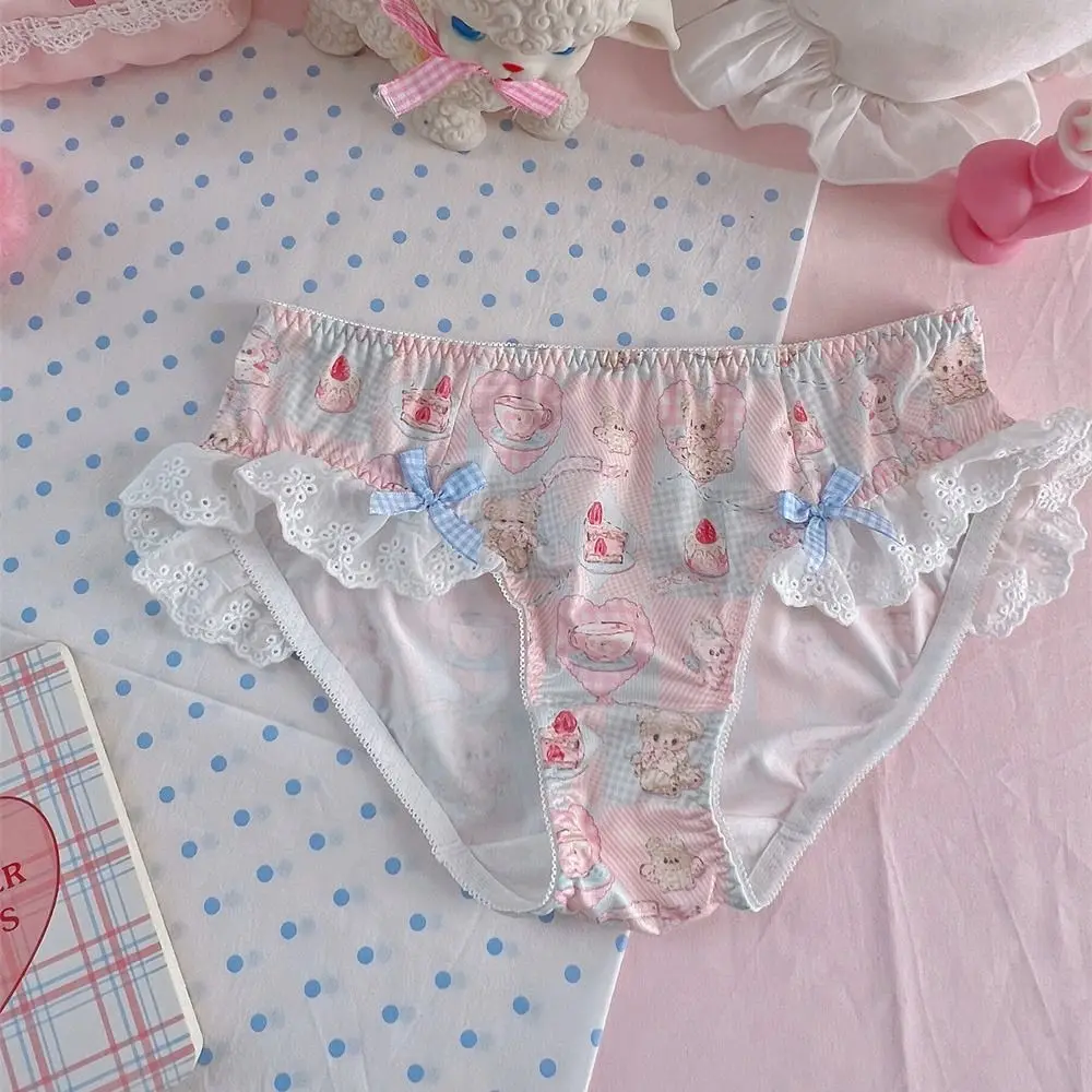 الحلو نقطة Bowknot الدب سراويل منخفضة الخصر الكرتون مقوس دانتيل ملخصات السروال لوليتا كشكش سراويل النساء سيدة #4