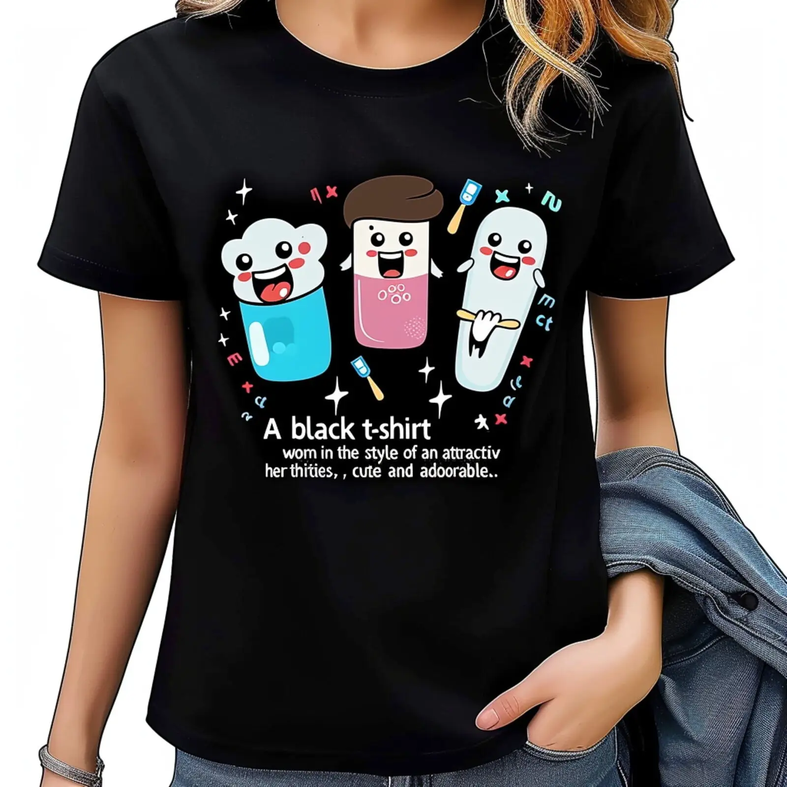 Adorable Toothpaste Cartoon Print Black Tee Stylish Woman's Fashion