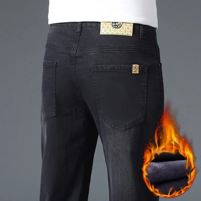Men Autumn Winter Fleece Lined Jeans Casual Slim Straight Leg Warm Long Pants Daily Fashion Street Style Washed Denim Trousers