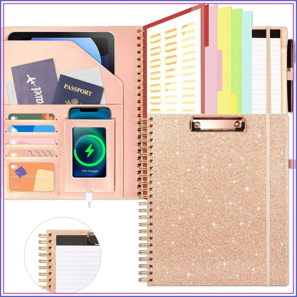 

Leather Padfolio Organizer with 5 Folders, 10 Pockets, Spiral Clipboard, Notepad, Elastic Closure, Pen Loop for Letter Size