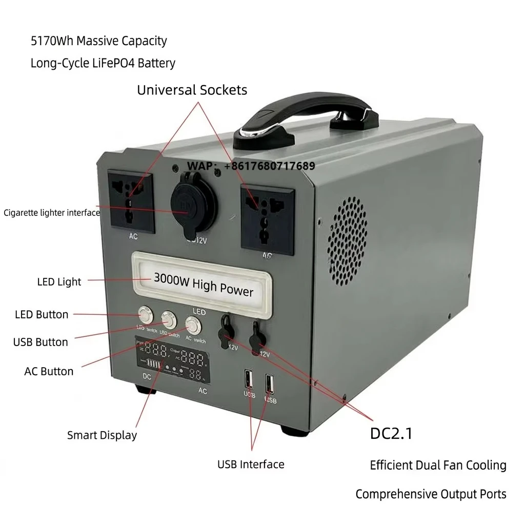 3KW Hot Selling 24V Lithium Battery Type C USB Rechargeable Li-ion Battery 3000w 5170WH Outdoor Portable Power Bank