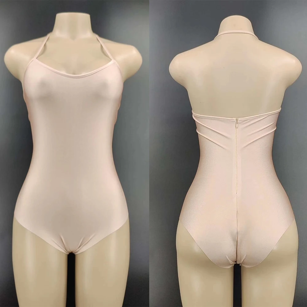 Sólido nude sem costas macacão apertado estiramento bodysuit feminino alta fenda saia base noite formatura outfit trajes boate