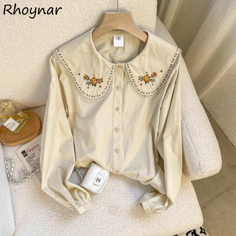 Embroidery Shirts Women Korean Fashion Tops Loose Peter Pan Collar Long Sleeve Lovely Girls College Simple Solid All-match Cozy