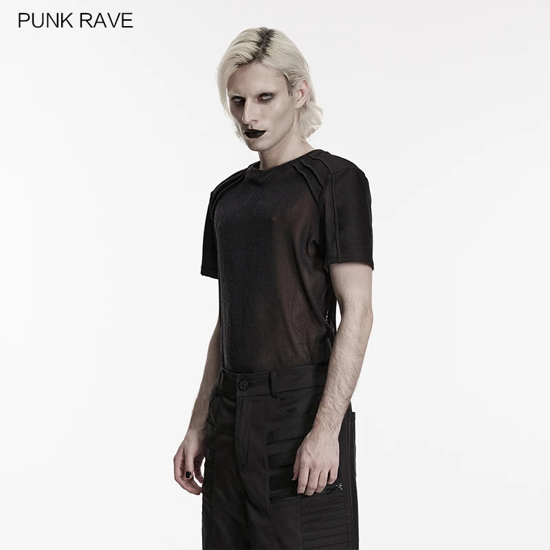 PUNK RAVE Men's Punk Perspective Mesh Strip Knitted Fits Body T-shirt Creating A Hazy Dark Top Summer Streetwear