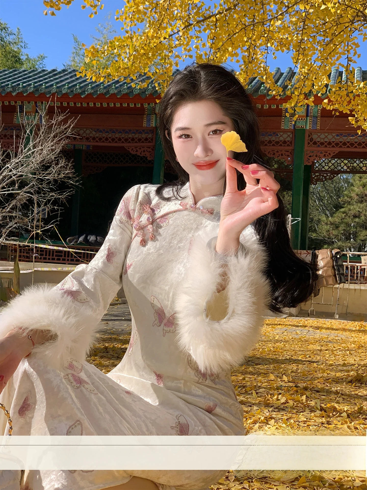 

Lingan Velvet Thiened Winter Dr Women's Long Qipao Floral Print Side Button Low Slit Traditional Chinese Sle