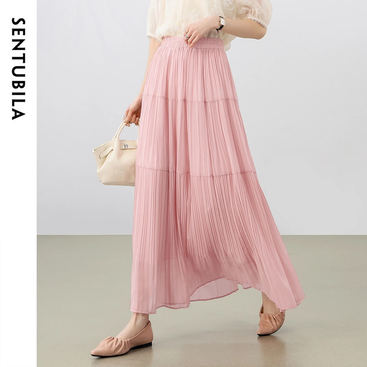 

SENTUBILA Women's Layered Chiffon Skirt 2025 Ladies Fashion Elastic High Waist A-line Pleated Midi Skirt Woman Clothes W52QB0025