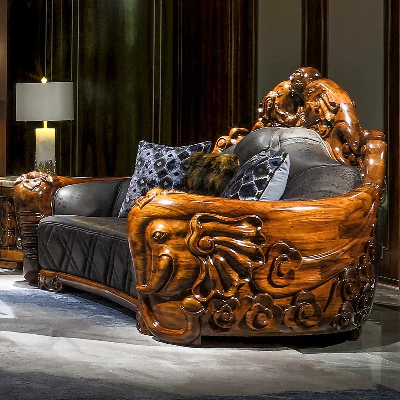 Imported ebony wood, solid wood, elephant carved sofa, first layer cowhide European villa sofa