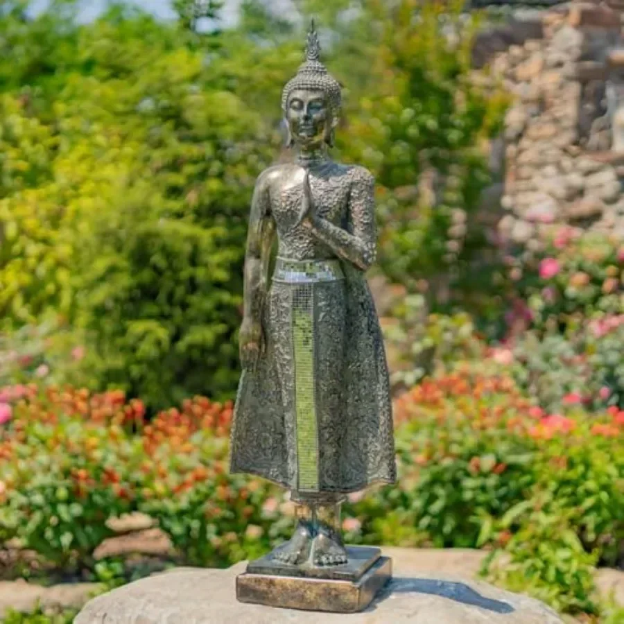 Standing Buddha Statue for Home Decor, Polyresin, Frosted Silver, 37.8 Inches Tall, Elegant Spiritual Accent