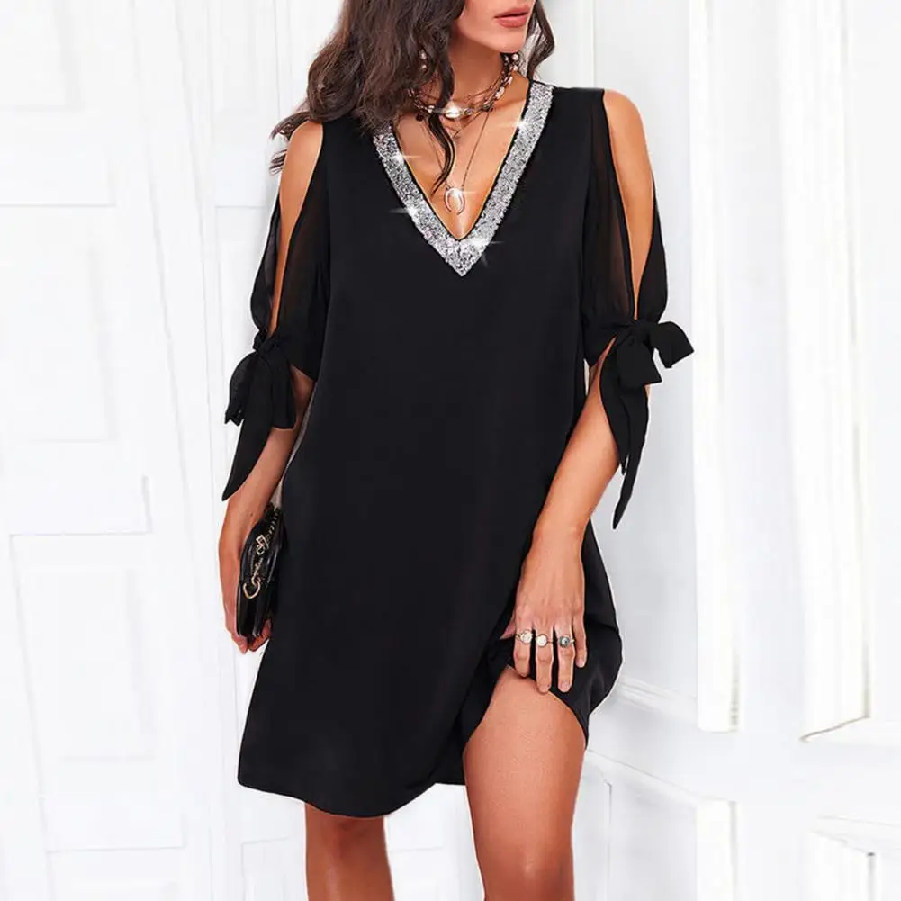 

Women Summer Dress Shiny Sequin Hollow Out Deep V Neck Knot Patchwork Dress-up Loose Office Lady Party Mini Dress Women Clothes