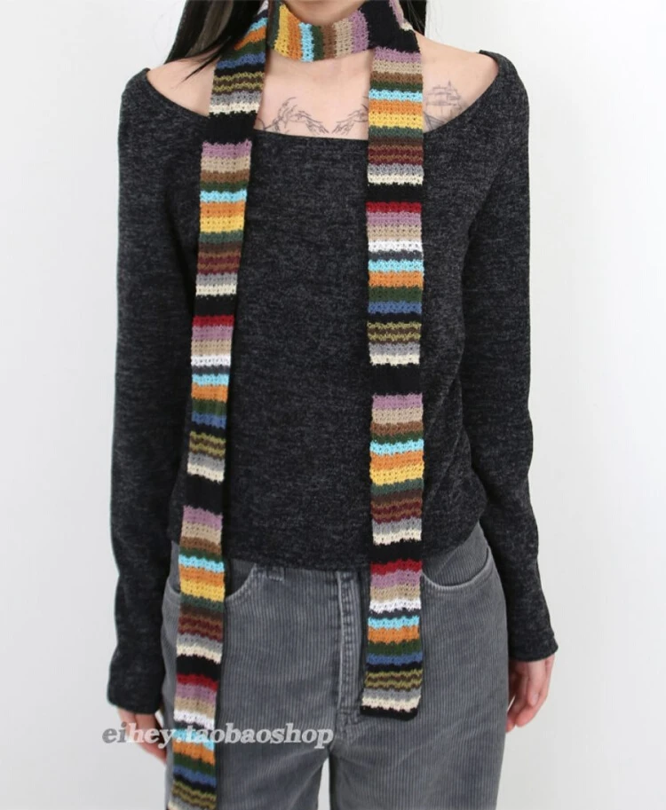 

Vintage Harajuku Rainbow Weave Contrast Color Stripe Knitted Scarf Winter New Fashion Luxury Designer Bufandas Invierno Mujer