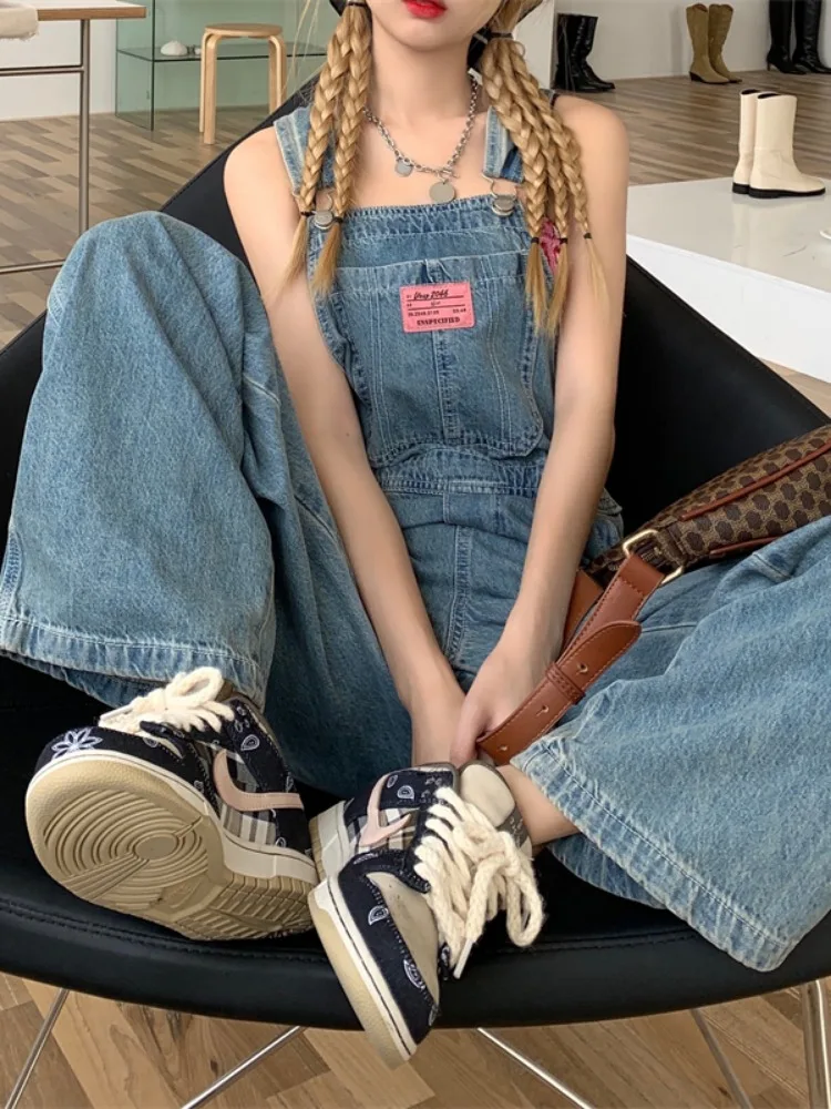 Blue Denim Jumpsuit For Women Vintage Casual Washed Wide Leg Strap Pants Female All Match Loose Straight Jeans