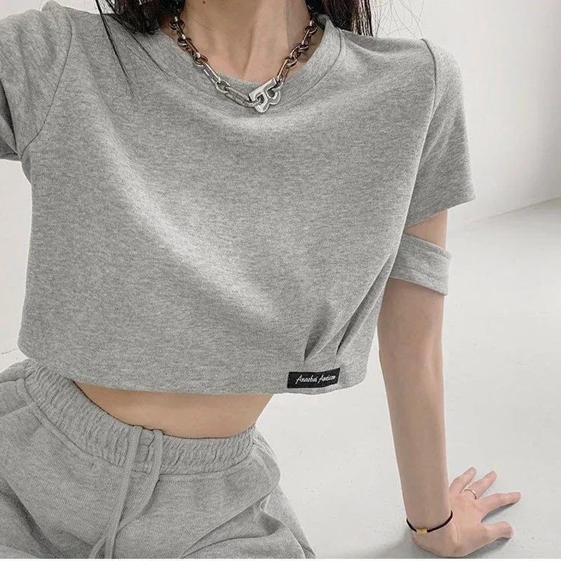 Harajuke Crop Tops Women Summer High Waist Fashion T-shirt Egirl New Solid Cut Out Short Sleeve Tees Oversized Female S-2XL