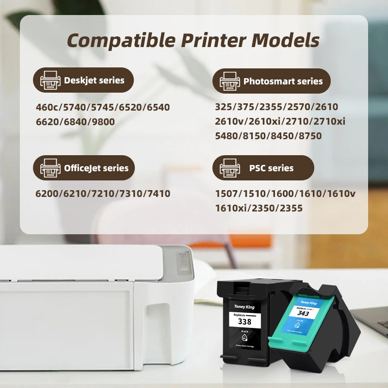 Compatible Ink Cartridges For HP338 343 For HP PSC 1500 1513 2300 2600 2610 Photosmart C3100 C3110 C3150 C3180 Printer 338 343XL