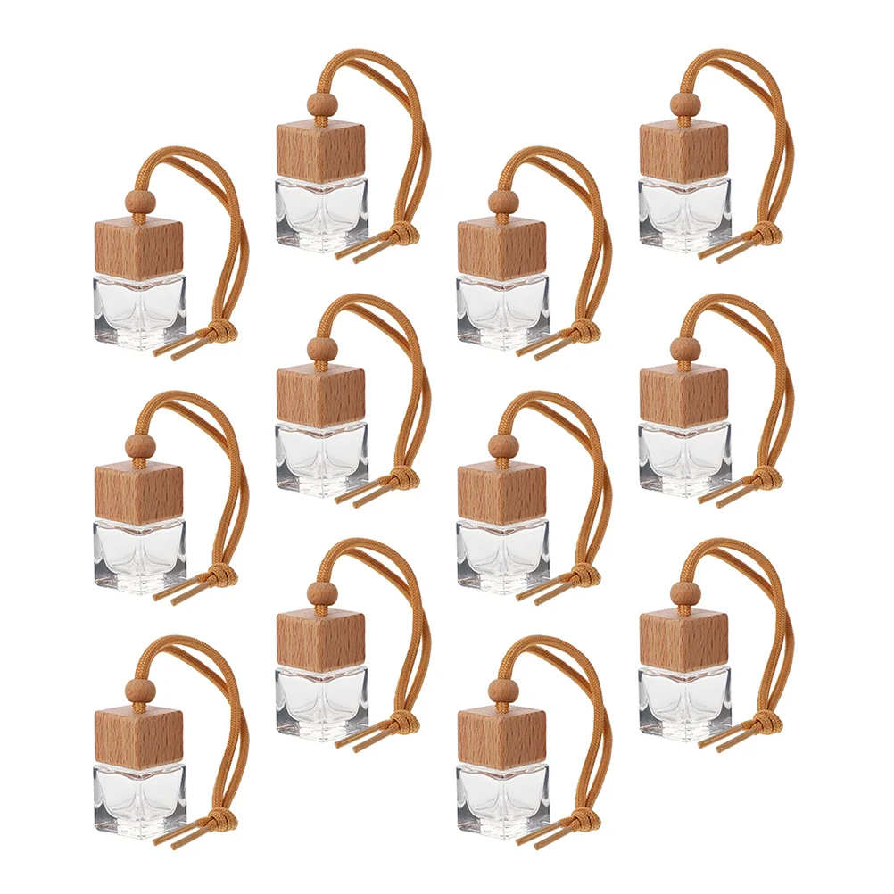 

12pcs Car Diffuser Hanging Perfume Bottles Refillable Essential Oil Wood Glass Bottle Pendants Car Wooden Lid