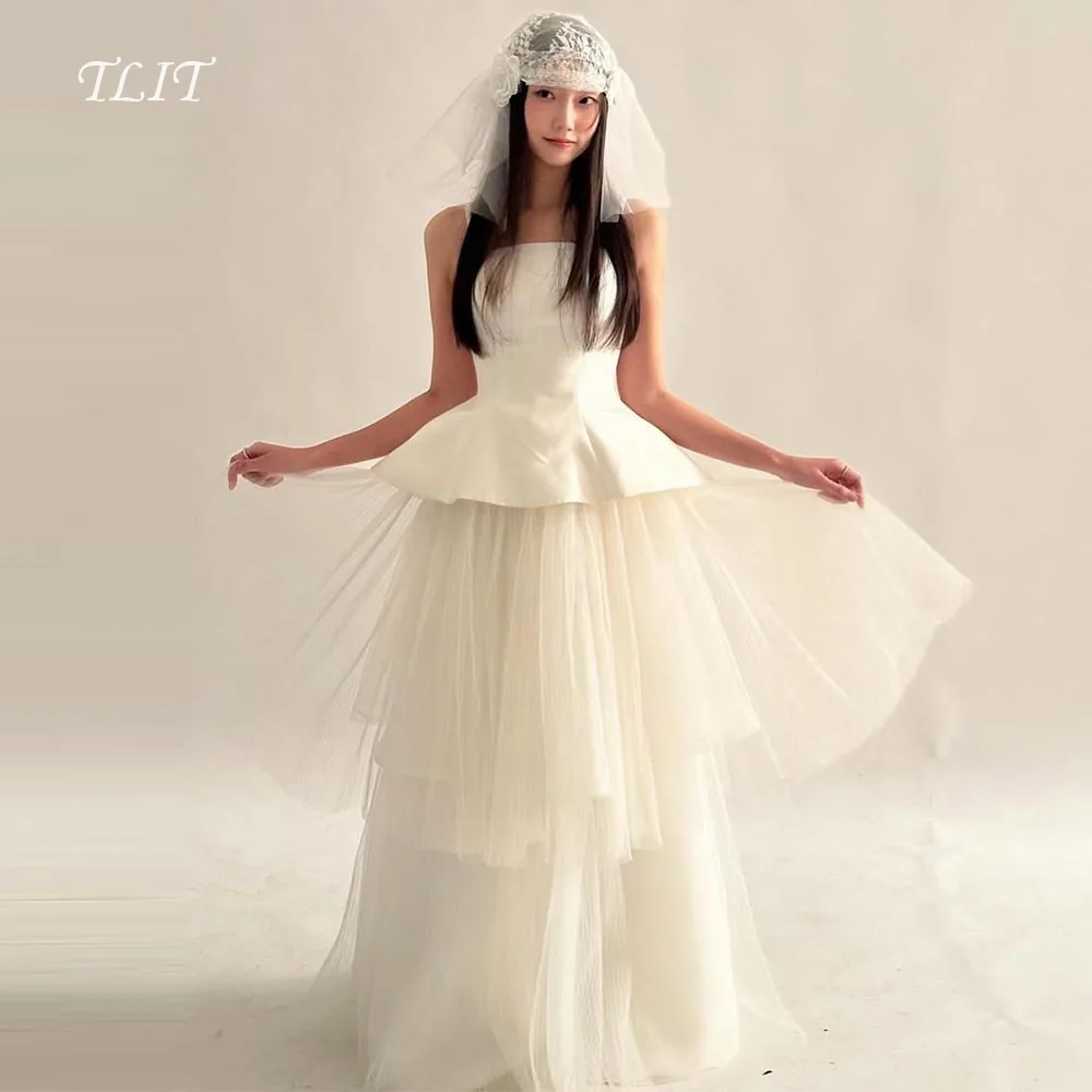 TLIT Elegant Ivory Tulle Satin Tulle Wedding Dress Spaghetti Strap Corset Prom Gown Korea Bridal Dress Photos Shoot Customized