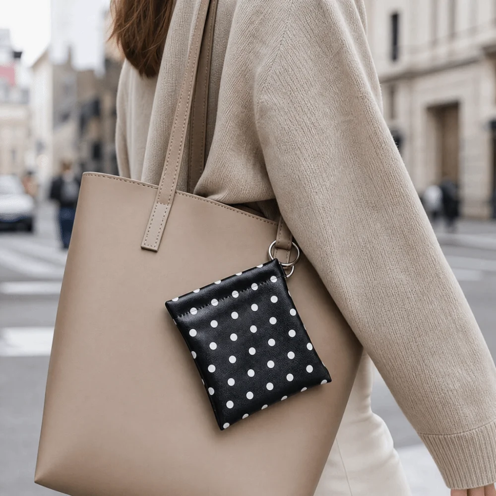 PU Self-closing Storage Bag Automatic Closed Portable Hanging Lipstick Pouch Pendant Design Small Size Polka Dot Coin Purse