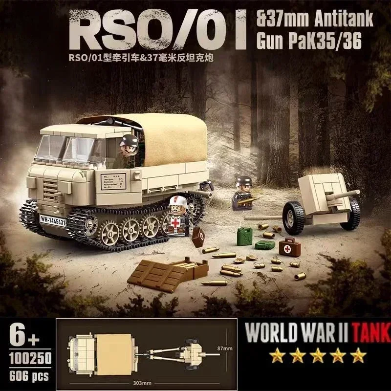 German Military Weapons ROS/01 Track Tractor 37mm Antitank Gun PaK35/36 Model Building Blocks Bricks WW2 Army Kids Toy Gifts