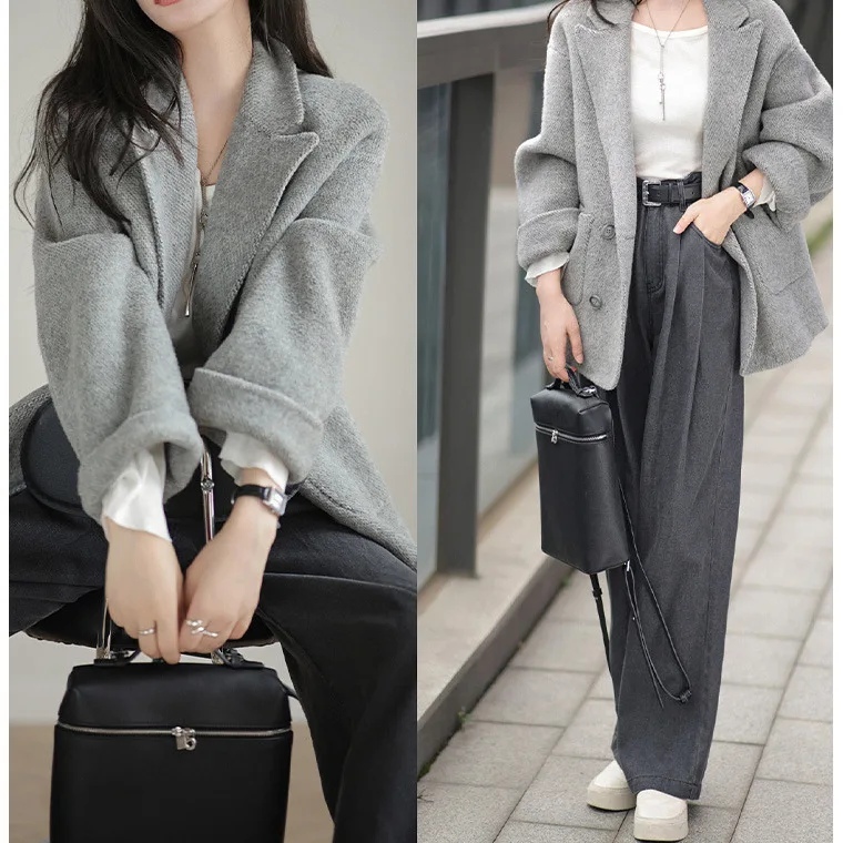 Premium gray wool coat, women's high-end loose suit woolen jacket temperament women's clothing, double-sided cashmere