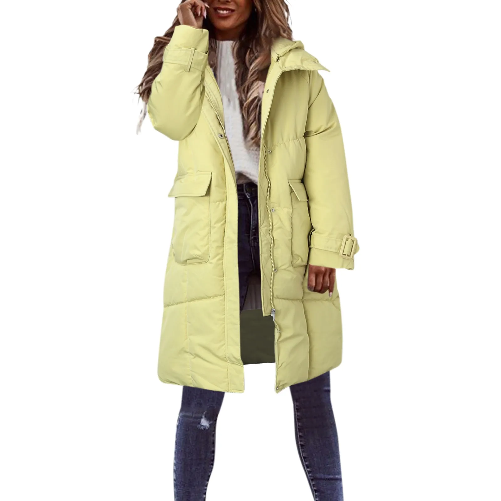 Winter Women Down Jackets Casual Solid Coat Down Cotton Padded Jacket Hooded Vest Zipper Pocket Loose Long Sleeve Coat