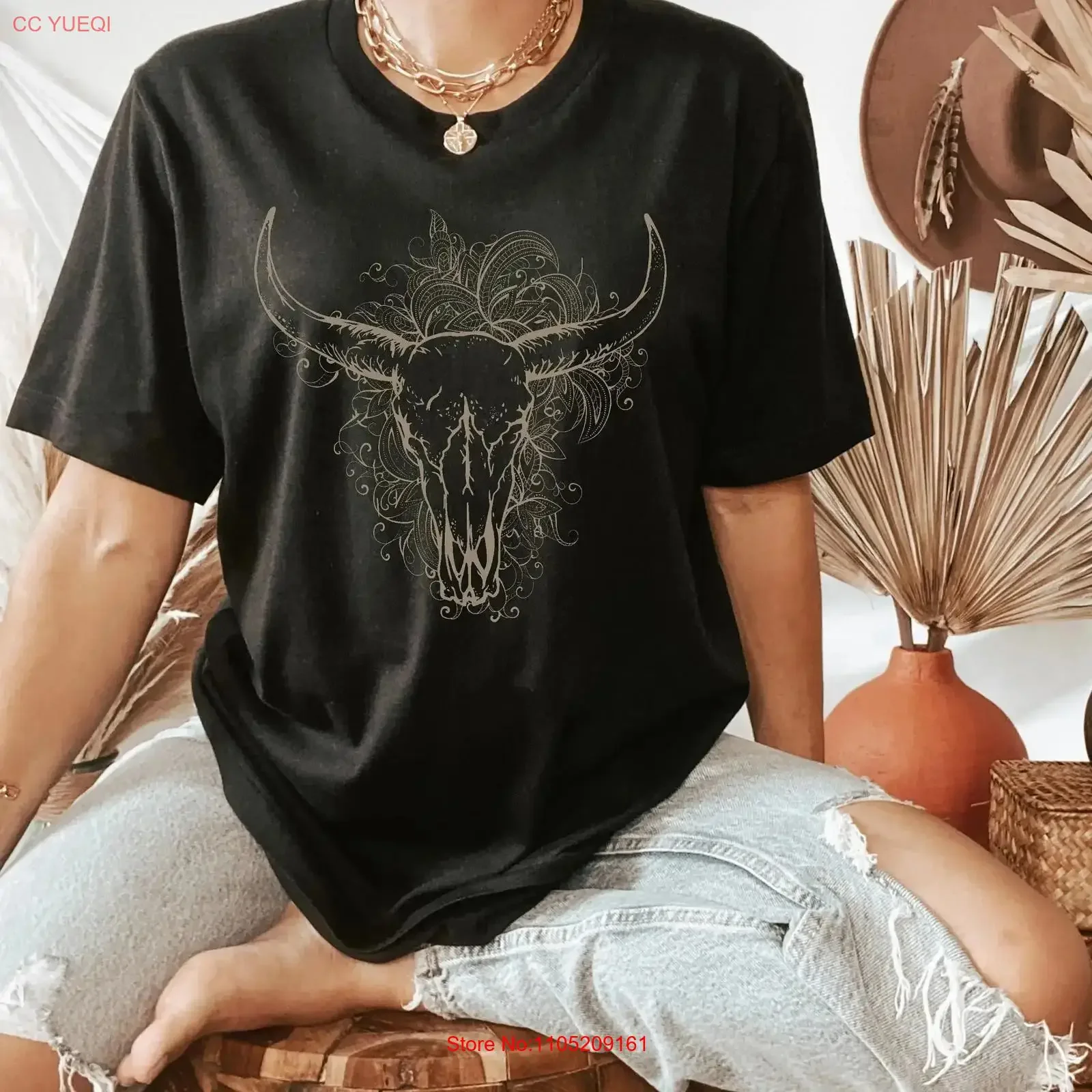 

Футболка с черепом быка в стиле бохо, деревенский цветок, длинный рог, ковбойка, дикий WesT, винтажная, стираная, дышащая, повседневная, мягкая