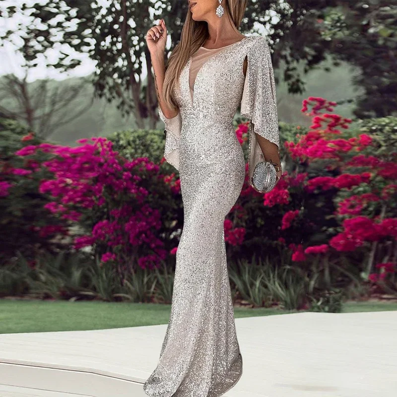 

Party Silver Sequin Fishtail Dress Elegant V Neck Spliced Bat Sleeve Slim Dress Sexy Ladies Temperament Long Evening Dress