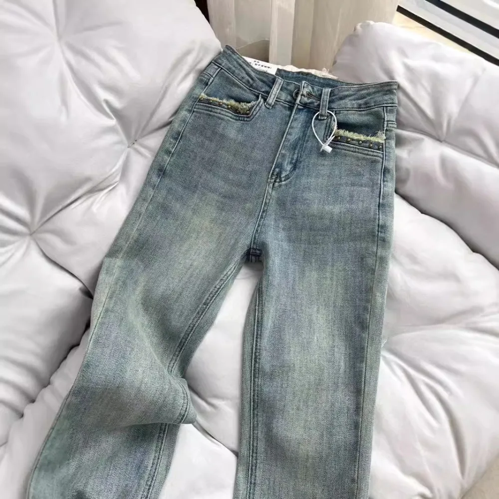 Women's Micro Flared Pants with High Waist, Rivets, Frayed Pockets, Zippers, Spring and Autumn Temperament, Retro Jeans