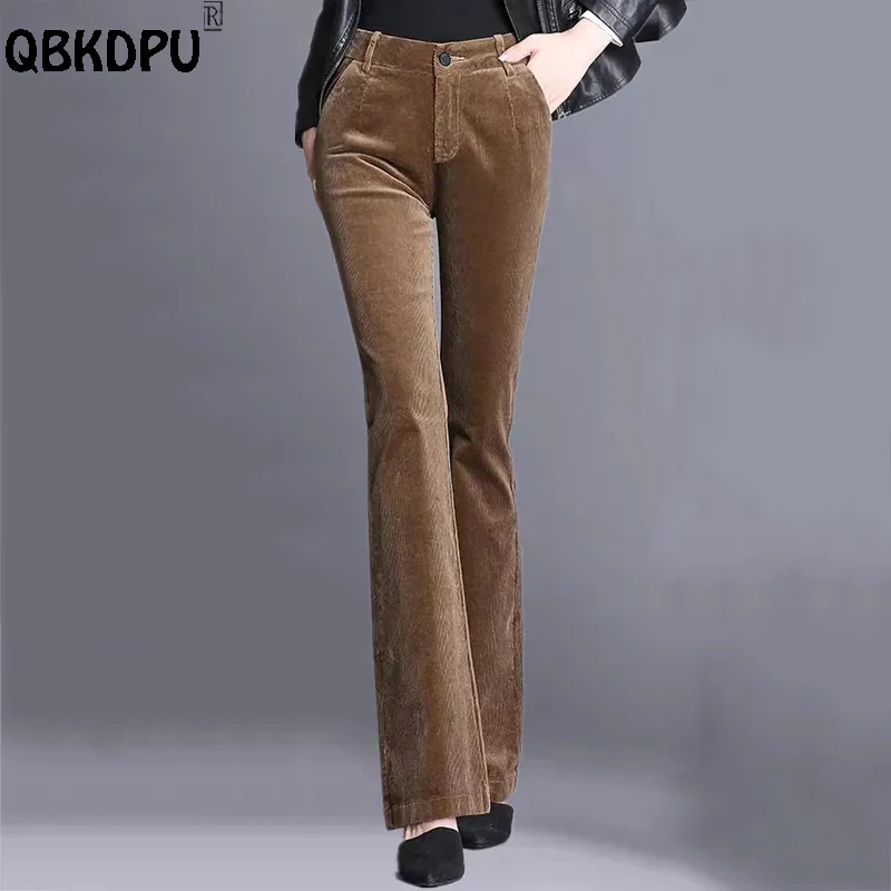 Mom's High Waist Corduroy Flare Pants Korean Fashion Solid Slim Brown Pantalones Mujer 2022 Spring Autumn Elegant Trousers Women