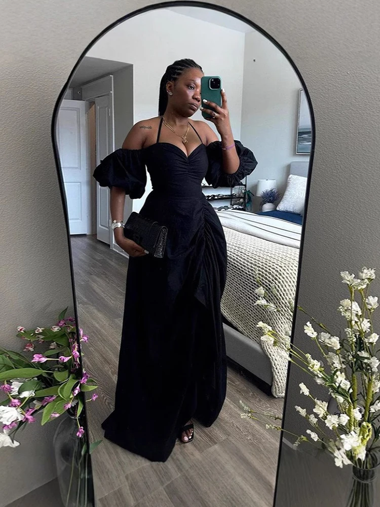 

Woman Dresses Summer Strapless Long Halter Neck Dress Sexy Lantern Sleeve Draped Backless Dress Wholesale Dropshipping