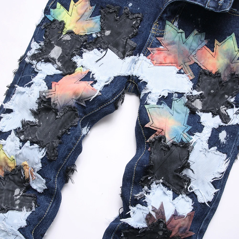 الرجال أوراق القيقب بقع الجينز الشارع الشهير سليم التمهيد قطع السراويل الشارع الشهير المرقعة الأزرق متوهج بنطلون