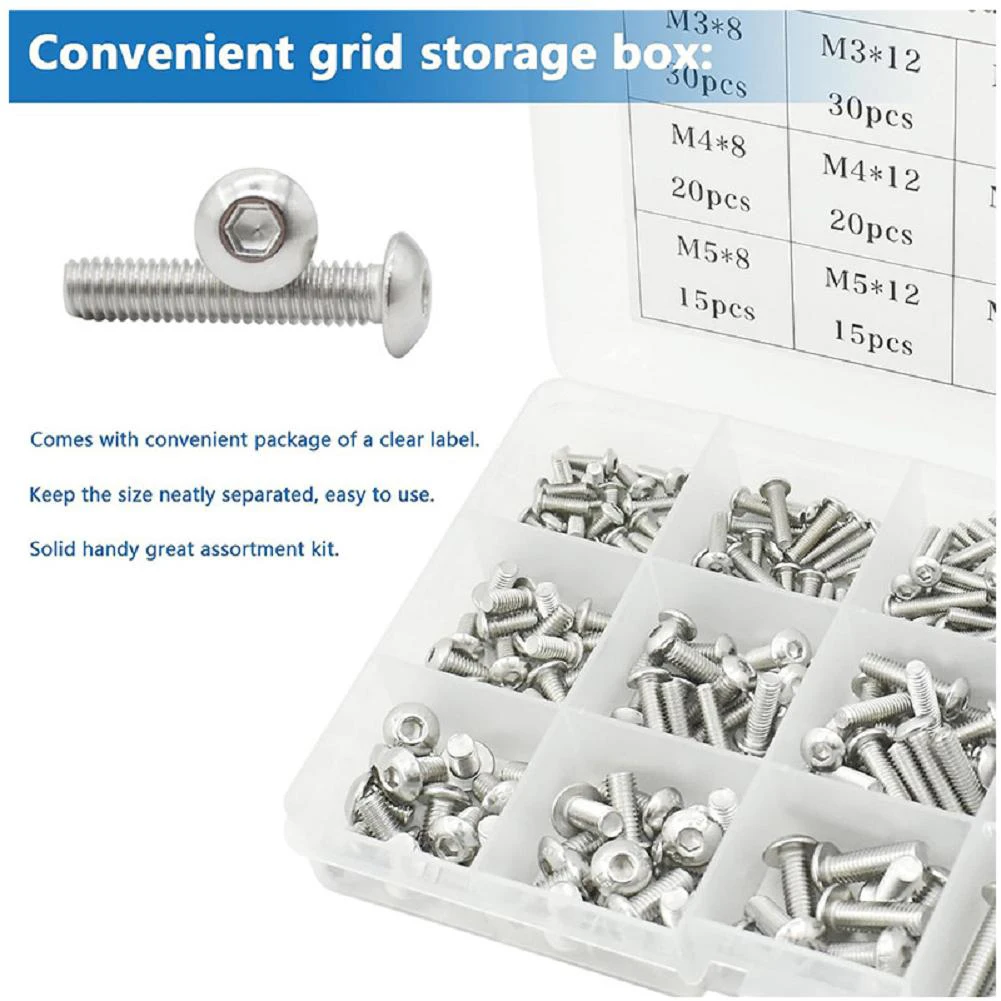 500 Pieces Stainless Steel Hex Socket Head Bolt Set M3/M4/M5 with Nuts and Washers for Industrial and Household Repair Use