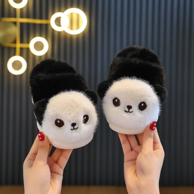 New Cute Panda Children Slippers Winter Cartoon Plush Warm Baby Boys Girls Slippers Soft Bottom Toddler Kids Indoor Shoes