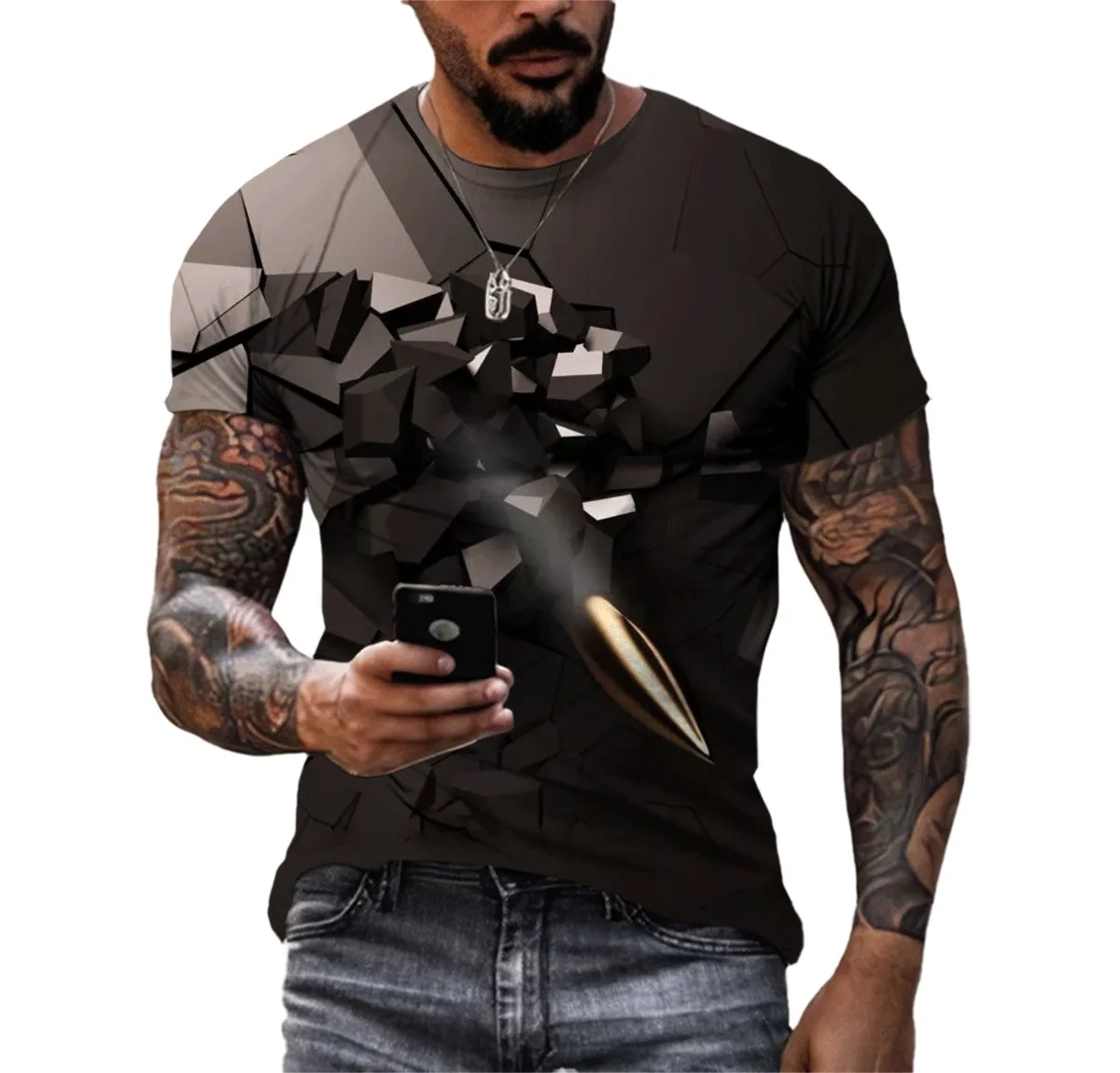 New Creative Summer Men\'s T-shirt Bullet Pattern 3d Printed Tough Guy Style T-shirt Personality Retro O-neck Quick-drying Top