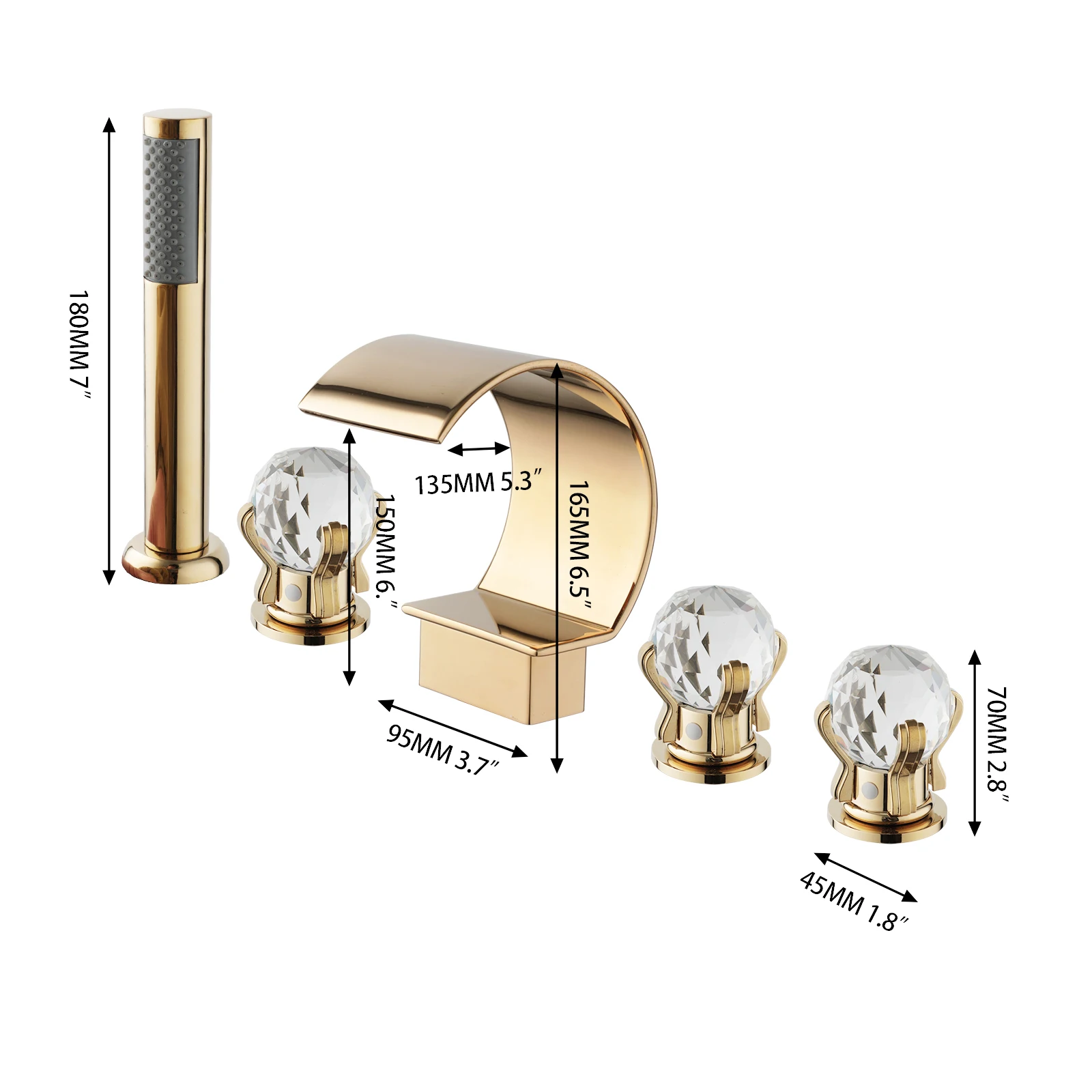 Torayvino 5 Pcs Bathroom Bathtub Faucet Set Waterfall Gutter Cover Valve Handheld Shower Golden Finish Deck Mount Hot Cold Taps