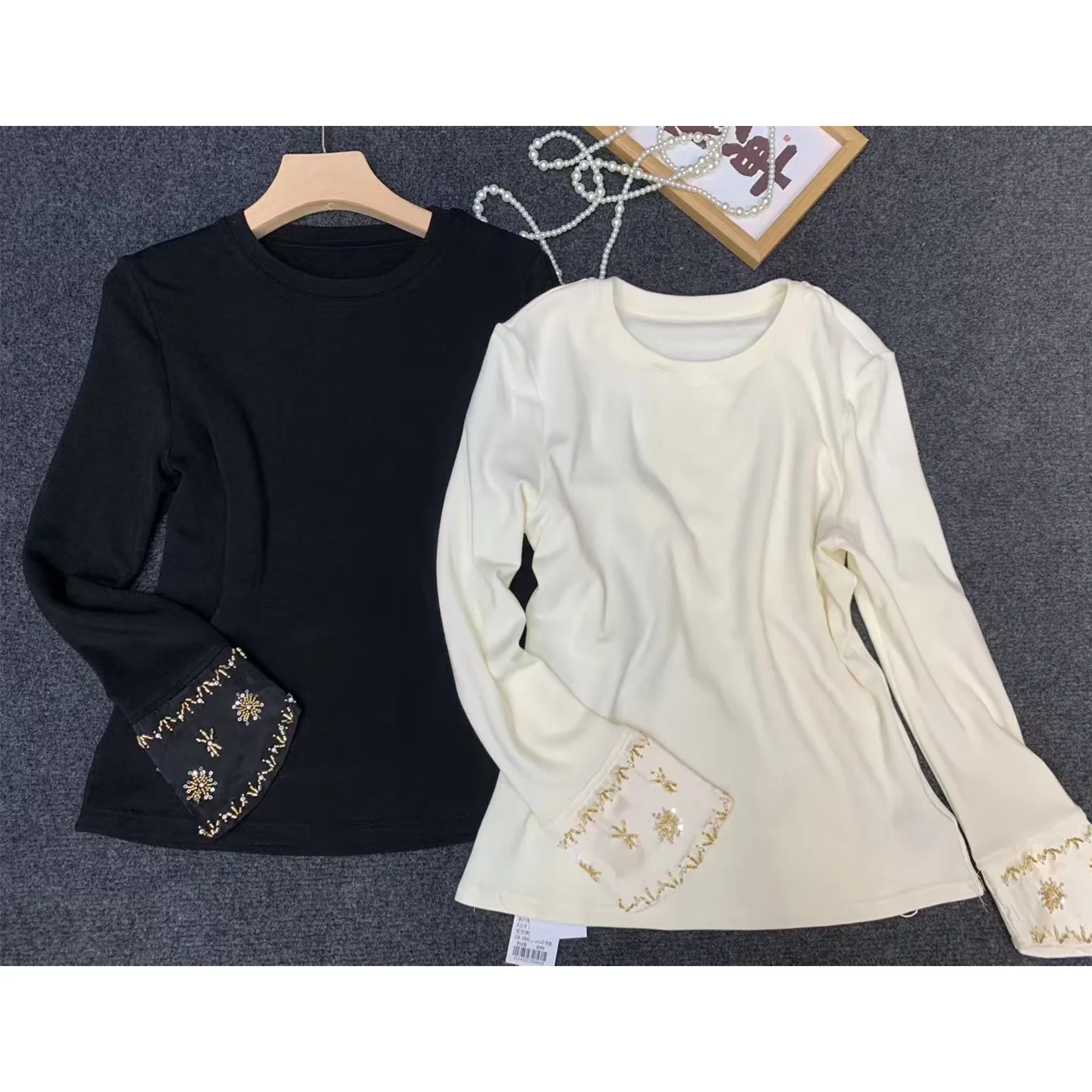 

Женская новая универсальная футболка с длинным рукавом, круглым вырезом, вышивкой и флисовой подкладкой, в китайском стиле, белая, осенне-зимняя