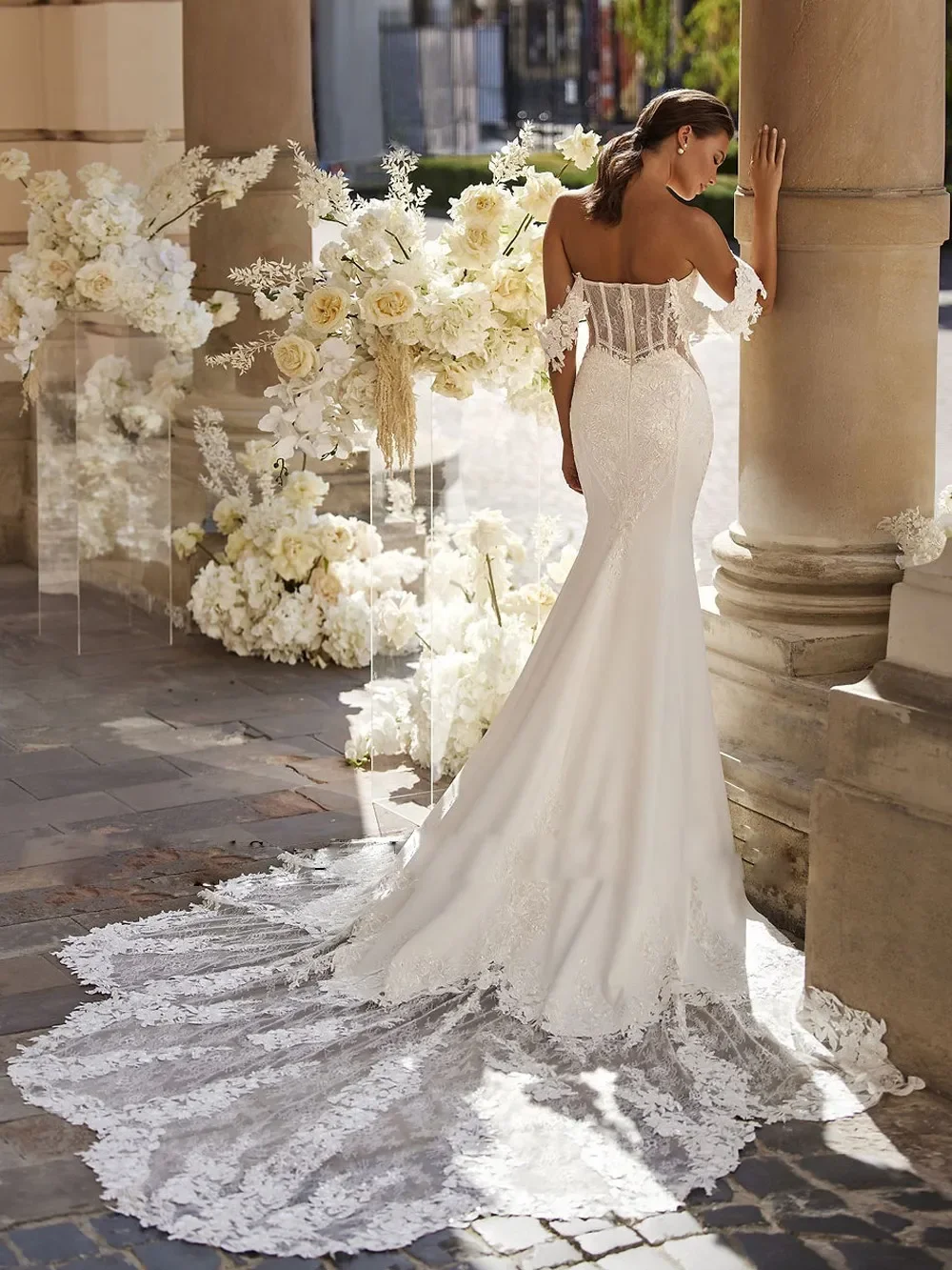 Robe de Mariée de Luxe Délicate, avec Traîne de Balayage, Sirène, Sexy, Col Licou, Manchette de Rotateur, Illusion, Dentelle Appliquée, Personnalisée, 2024