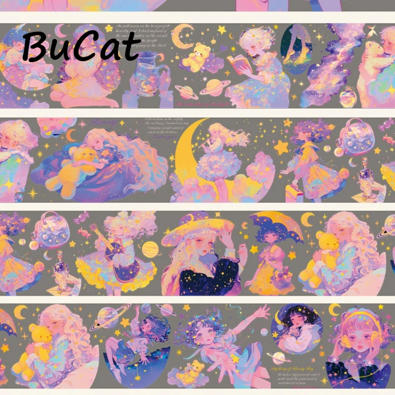 2m Iridescent Golden Colorful Starry PET Tape Star Moon Girl Transparent Roll Stickers Decorative Tape For Scrapbooking Journal