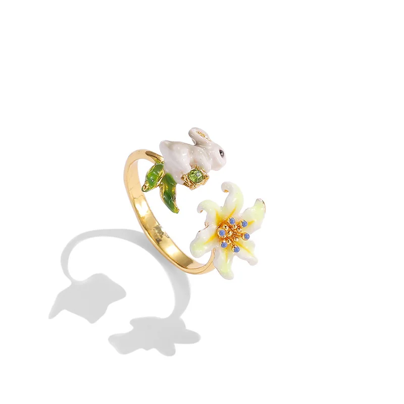 

Cute Bunny Ring for Women Lily Flower Ring Handmade Enamel Ring Temperament Finger Rings Anniversary Wedding Birthday Jewelry