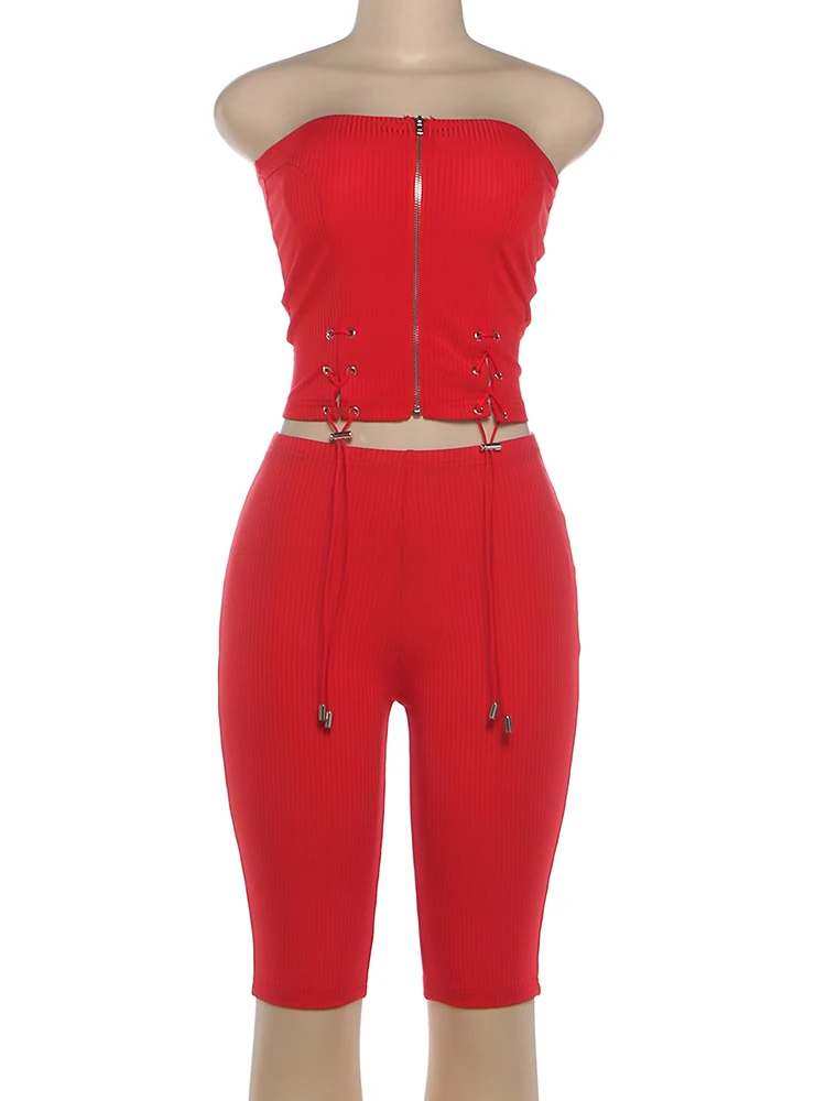 Sisterlinda مثير 2 قطعة مجموعة النساء رياضية Shirring البريدي بلوزات بدون حمالات + شورتات الدراجة مطابقة الشارع الشهير ملابس غير رسمية تمتد #6