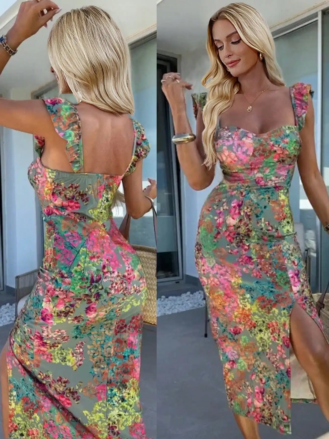 

Платье миди с цветочным принтом, рюшами на рукавах, разрезом и открытой спиной