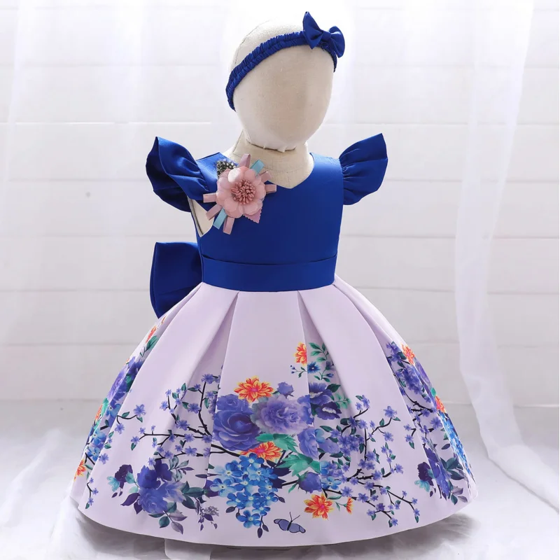 Детское платье, модная юбка для девочек, принцесса с принтом, кованая повязка на голову, ткань с бантом в европейском и американском стиле, костюм на день рождения