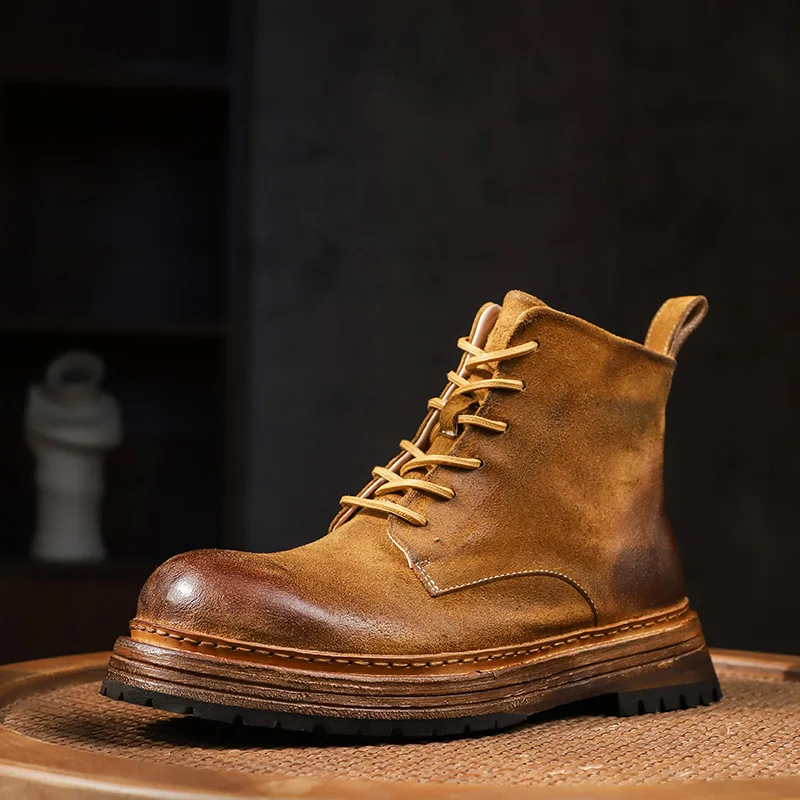 

Handmade Retro Washed Genuine Leather Thick Sole Casual Outdoor Motorcycle Boots Men's Shoes Male Cowhide Western Ankle Boots